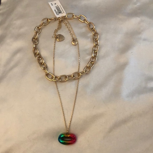 Betsey Johnson Gold Tone Layered 2PC Necklace Metallic Rainbow Lip Pendant NWT - Picture 1 of 15